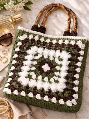 Tote Square Crochet Bamboo Handles Olive Brown Cream Boho Chic Purse
